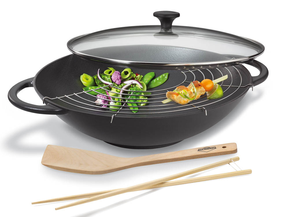 Wok żeliwny z pokrywką Kuchenprofi Provence z rusztem ⌀ 36